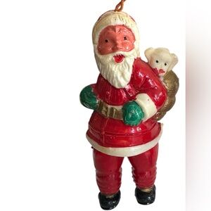 Vintage 1950s Japan Santa Ornament Hard Plastic W/ Christmas Sack animal Figure